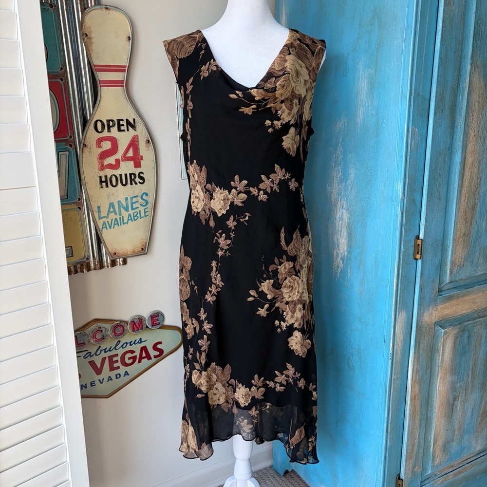 Connected Y2K Black Floral Beaded Cowl Neck Midi Dress